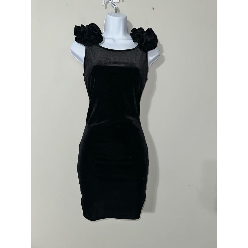 TFNC London Black Velvet Sheath Dress Ruffle Shoulder Cocktail Party S